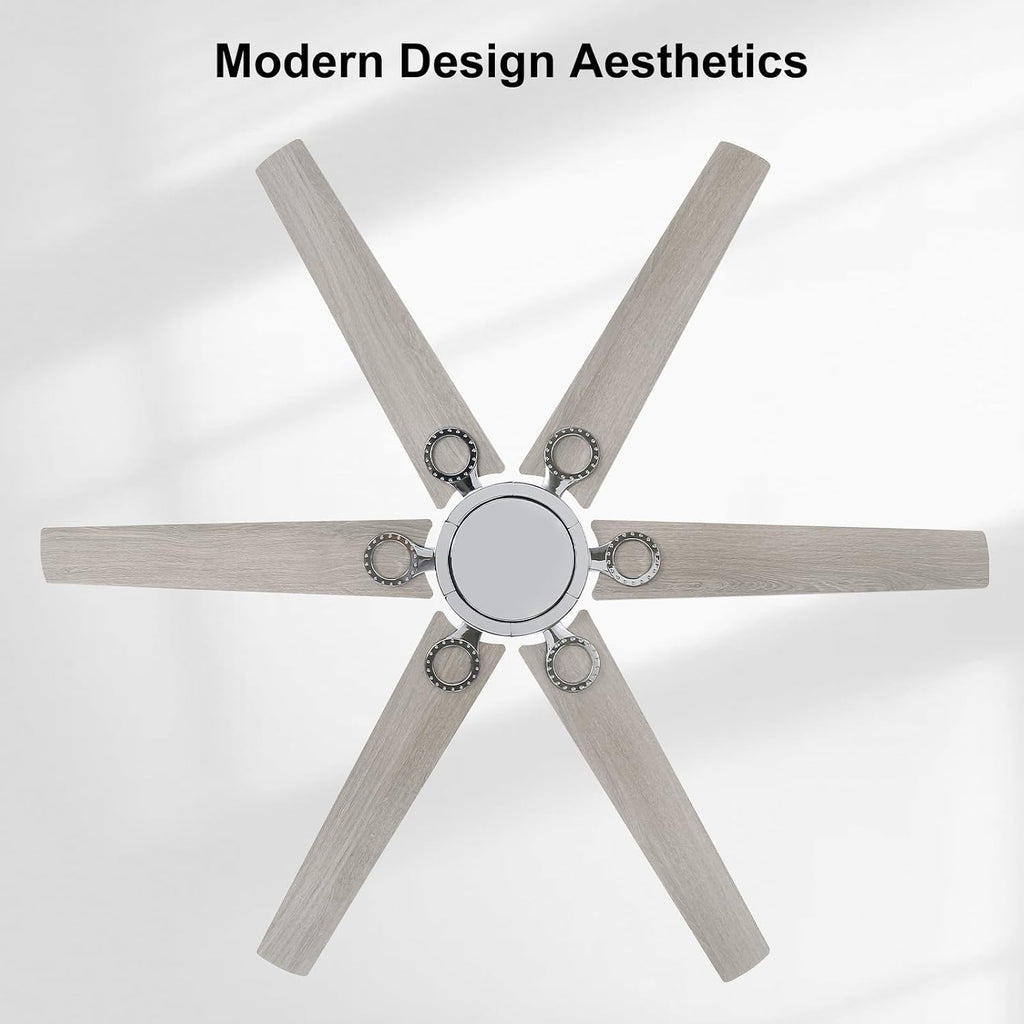 WINGBO Ceiling Fan no Light - 64 inch Ceiling Fan with Remote Control,6 Blades Modern Ceiling Fan, 6-Speed Noiseless Timer Powerful DC Motor, ETL Listed, Indoor/Outdoor, Chromium + Grey