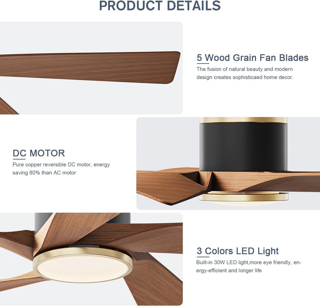TXCSLY 52'' Ceiling Fans with Lights, Modern Ceiling Fan with Remote Control, Indoor Outdoor Ceiling Fan for Living Room,Bedroom 5 Blade 3 Color Tempearture (Walnut)
