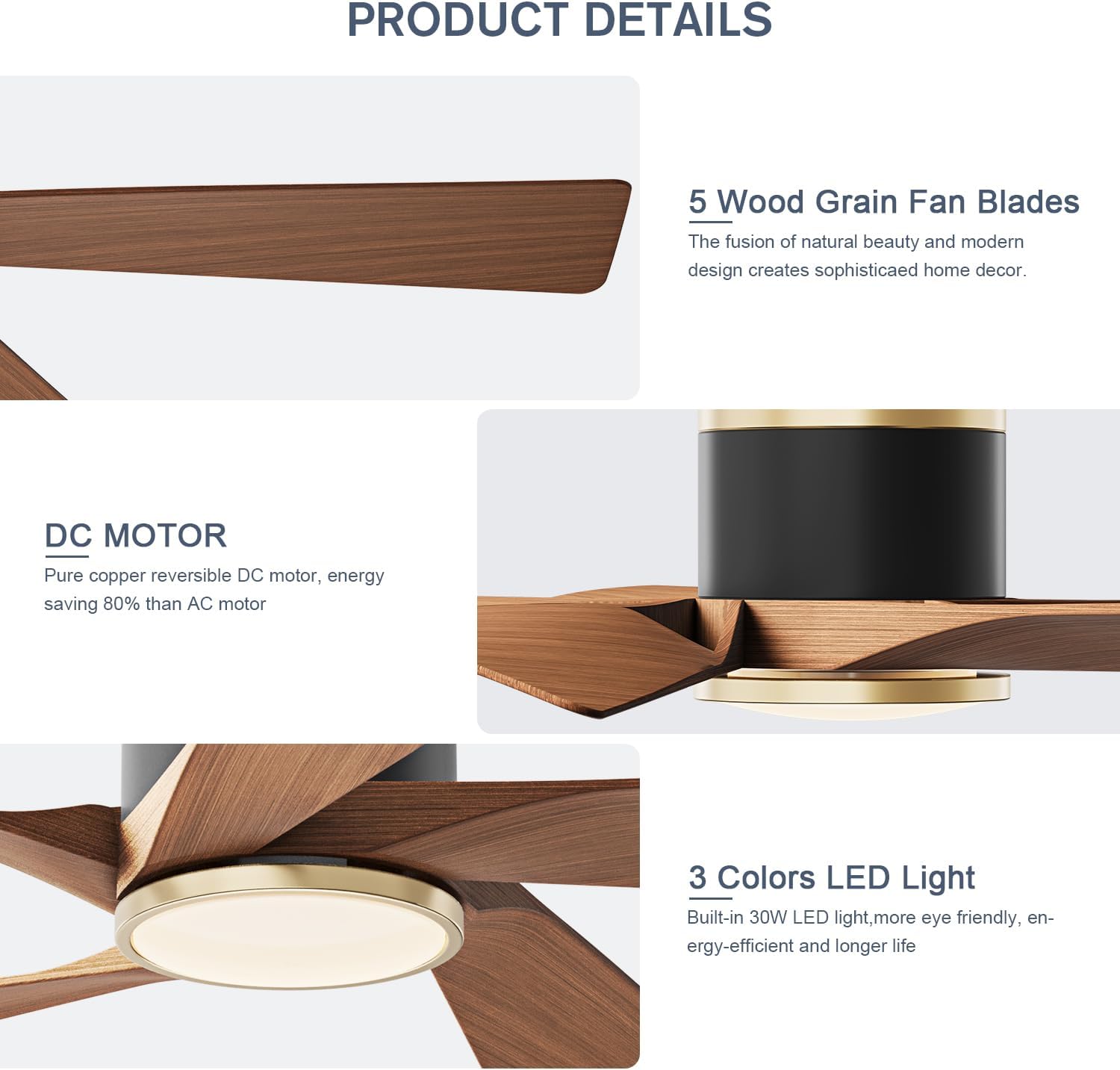 TXCSLY 52'' Ceiling Fans with Lights, Modern Ceiling Fan with Remote Control, Indoor Outdoor Ceiling Fan for Living Room,Bedroom 5 Blade 3 Color Tempearture (Walnut)