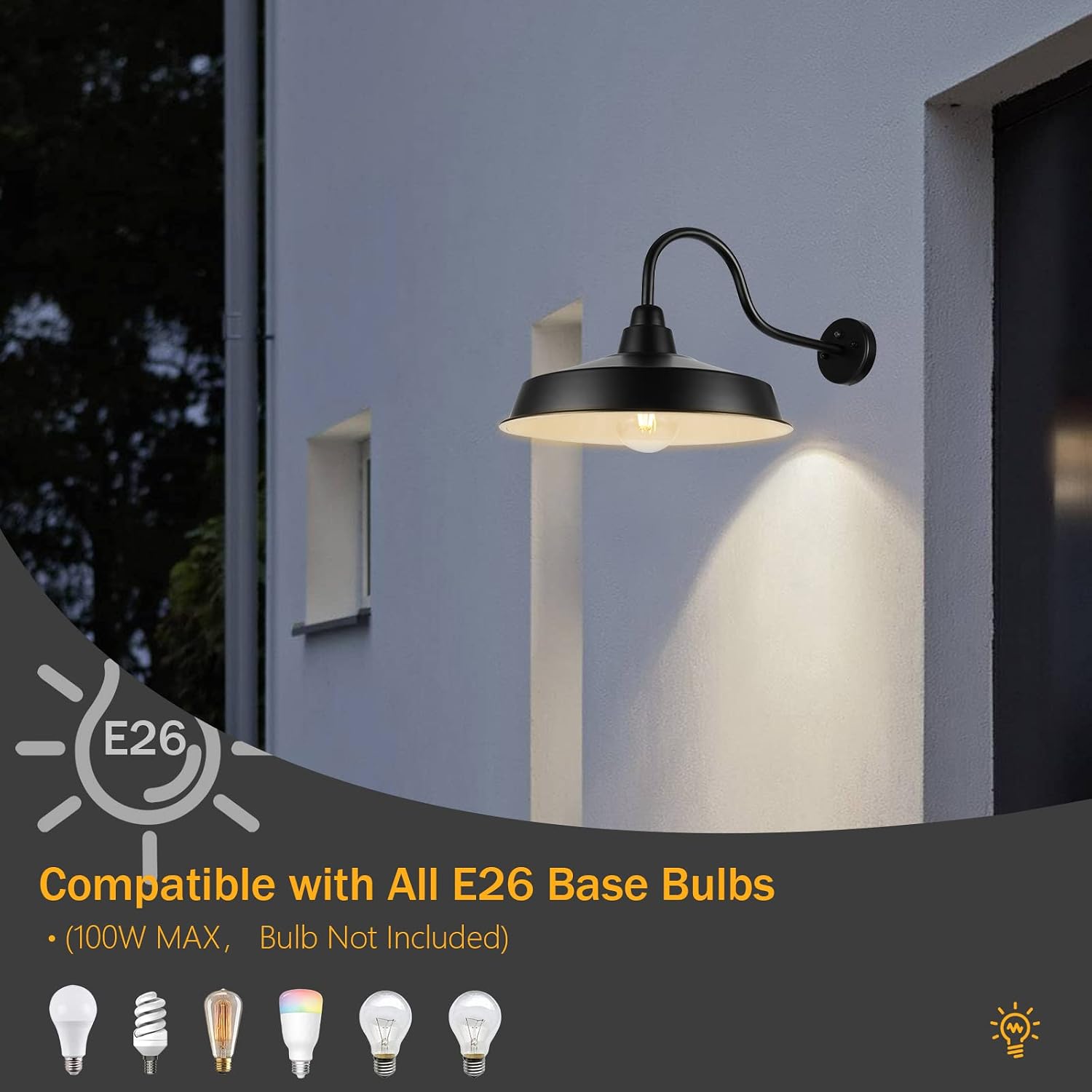 Dusk to Dawn Barn Light Outdoor, 16 Inch Dome Large Farmhouse Exterior Light Fixture Wall Mount, Industrial Outdoor Wall Sconce Outside for House, Shop, Porch, Garage, Black, 2 Pack