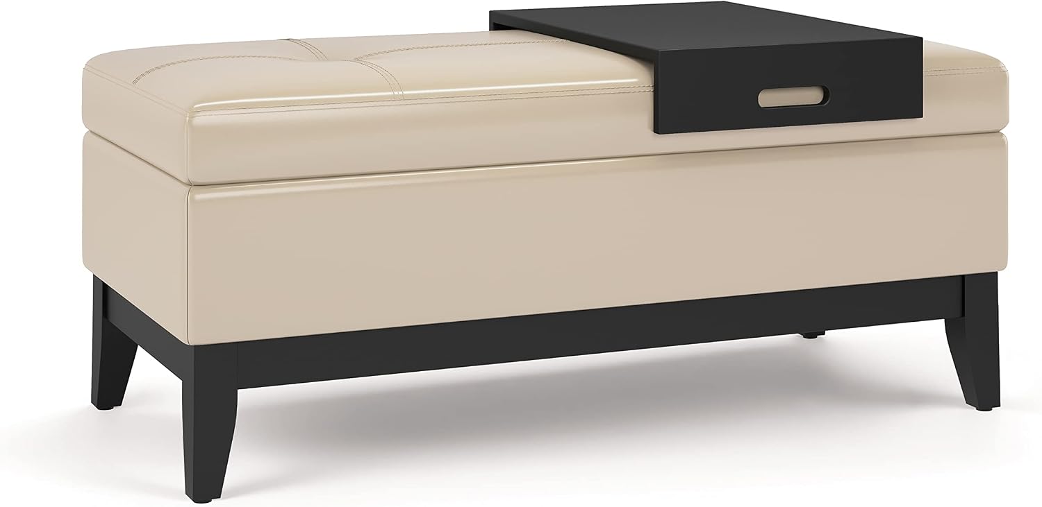SIMPLIHOME Oregon Storage Ottoman Bench with Tray - 42 inch Wide Upholstered Vegan Leather Rectangle Storage Ottoman Bench in Satin Cream, Transitional Tufted Ottoman for Living Room with Lift-Up Lid