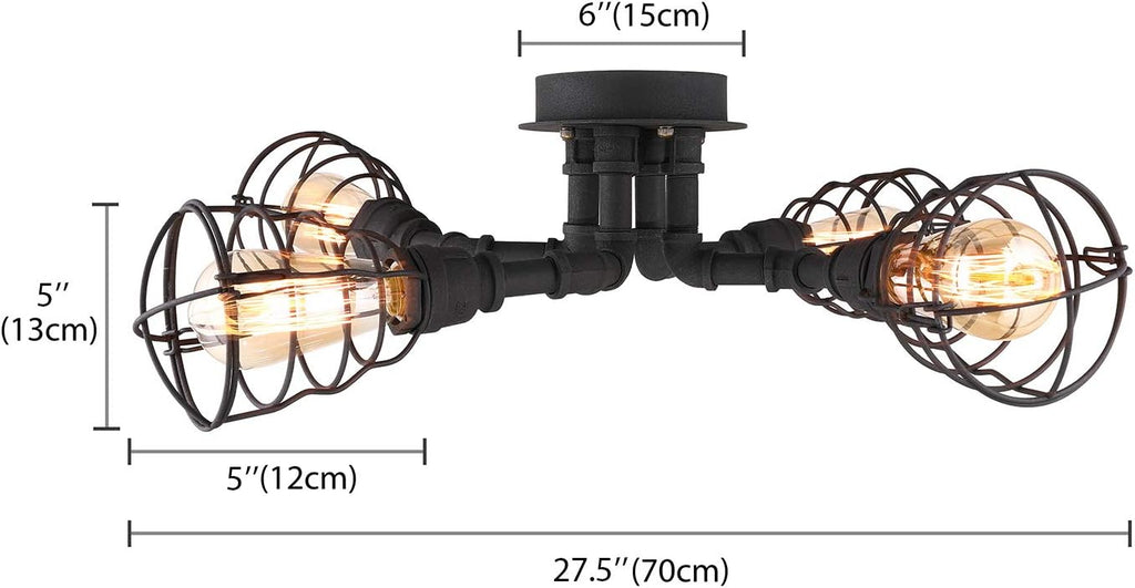 LITFAD Wrought Iron Pipe Semi Flush Light Industrial Wire Guard 4 Lights Ceiling Light Vintage Pendant Cage Lighting Edison Ceiling Chandelier in Black Finish for for Living Room Restaurant Cafe Bar