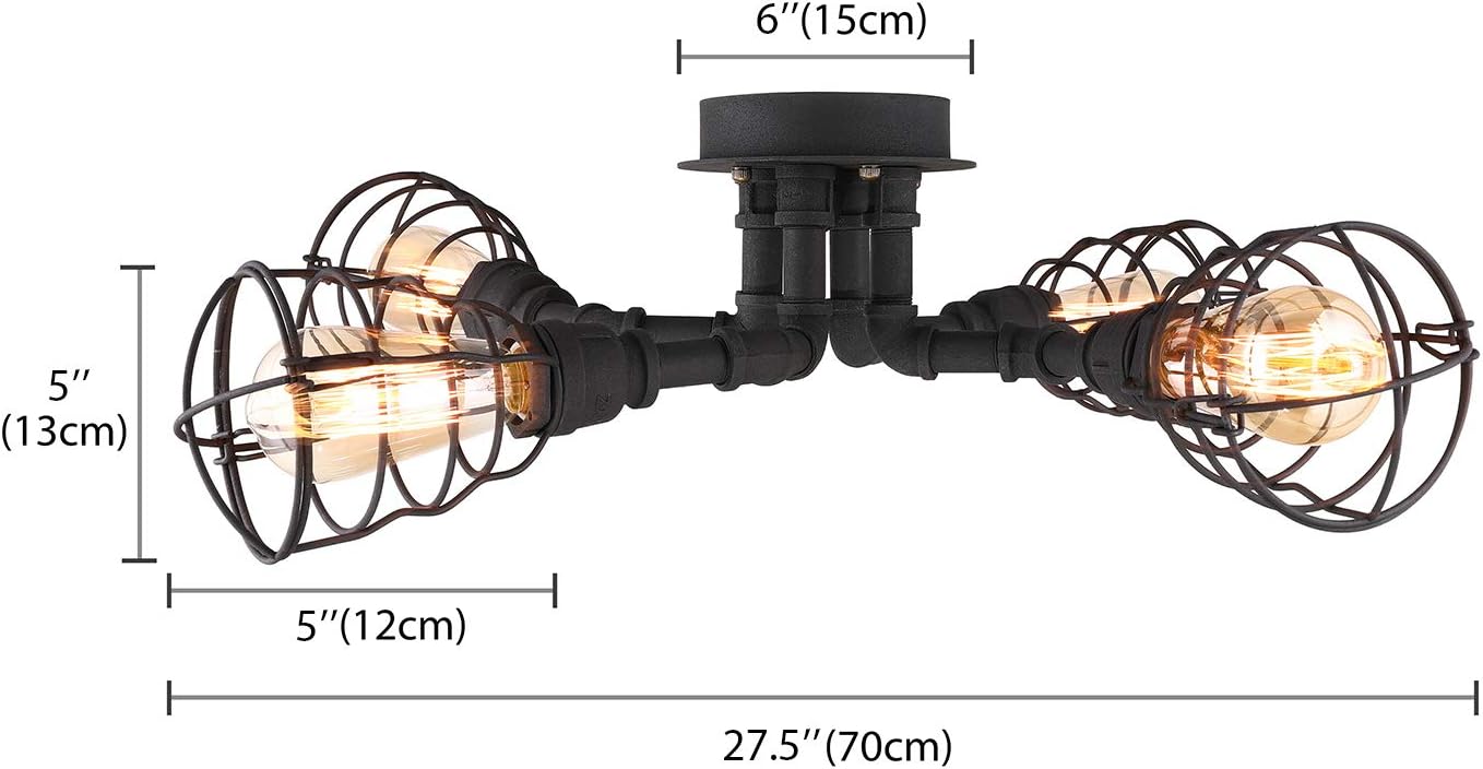 LITFAD Wrought Iron Pipe Semi Flush Light Industrial Wire Guard 4 Lights Ceiling Light Vintage Pendant Cage Lighting Edison Ceiling Chandelier in Black Finish for for Living Room Restaurant Cafe Bar