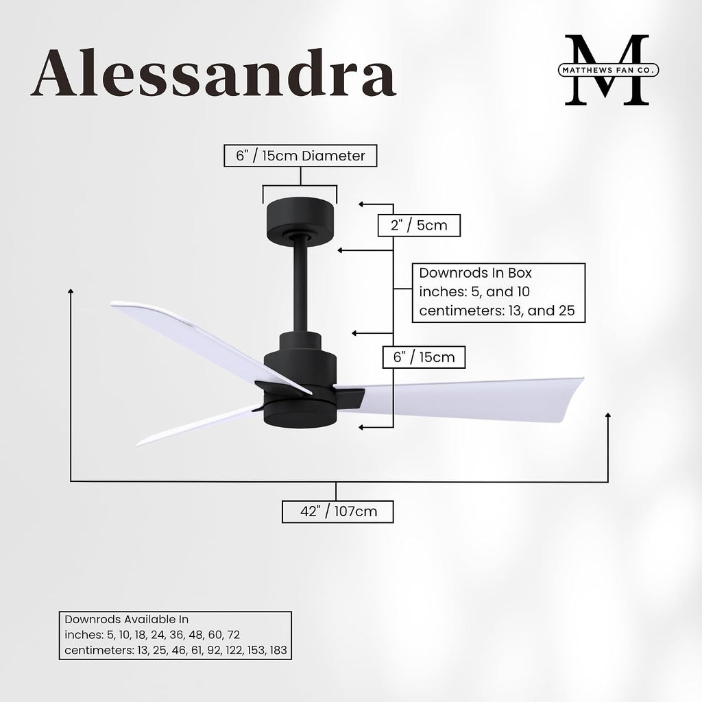 Matthews AK-BK-MWH-42 Alessandra Wet Rated 42' Outdoor Ceiling Fan without Light, Remote Included, Silent DC Motor, Matte Black with Matte White