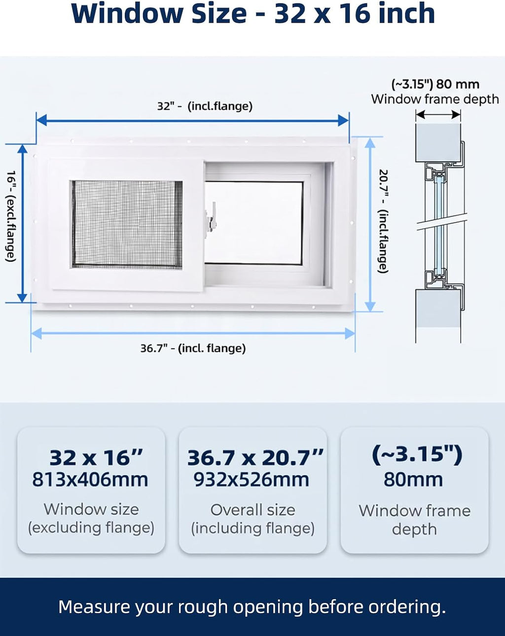NOOTA EasyWing Basement Window 32' x 16' Double Tempered Glass, Removable Flange, Vinyl Basement Replacement Window