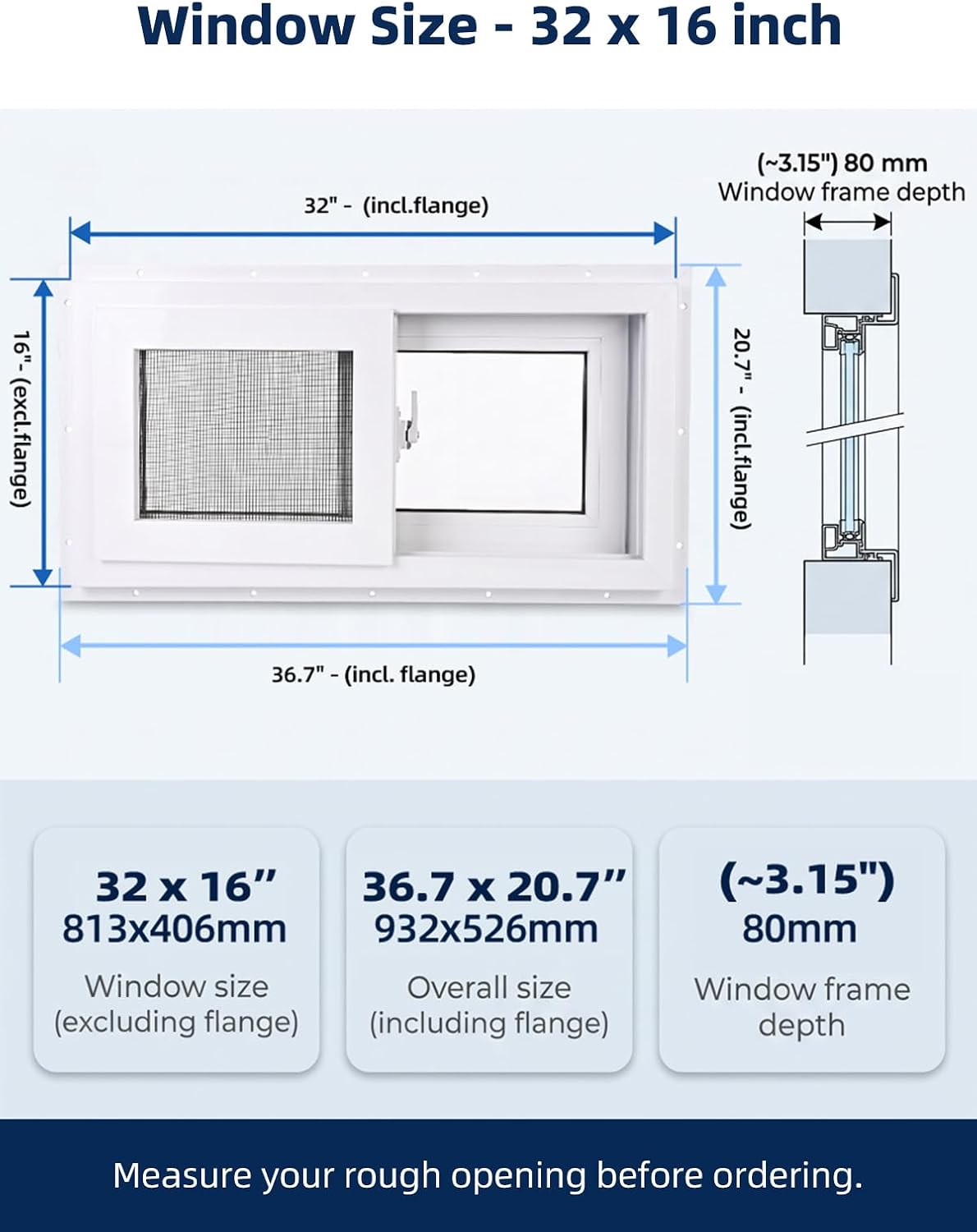 NOOTA EasyWing Basement Window 32' x 16' Double Tempered Glass, Removable Flange, Vinyl Basement Replacement Window