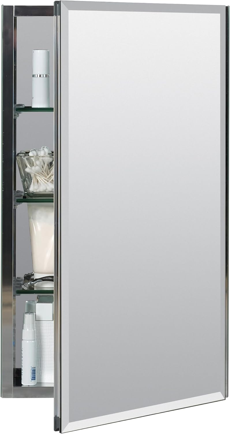 Zenna Home Bathroom Medicine Cabinet with Mirror, Frameless Bathroom Wall Cabinet with Rustproof Aluminum Body, 3 Adjustable Glass Shelves, Recessed or Surface Wall Mount Installation, 15 x 26 Inches