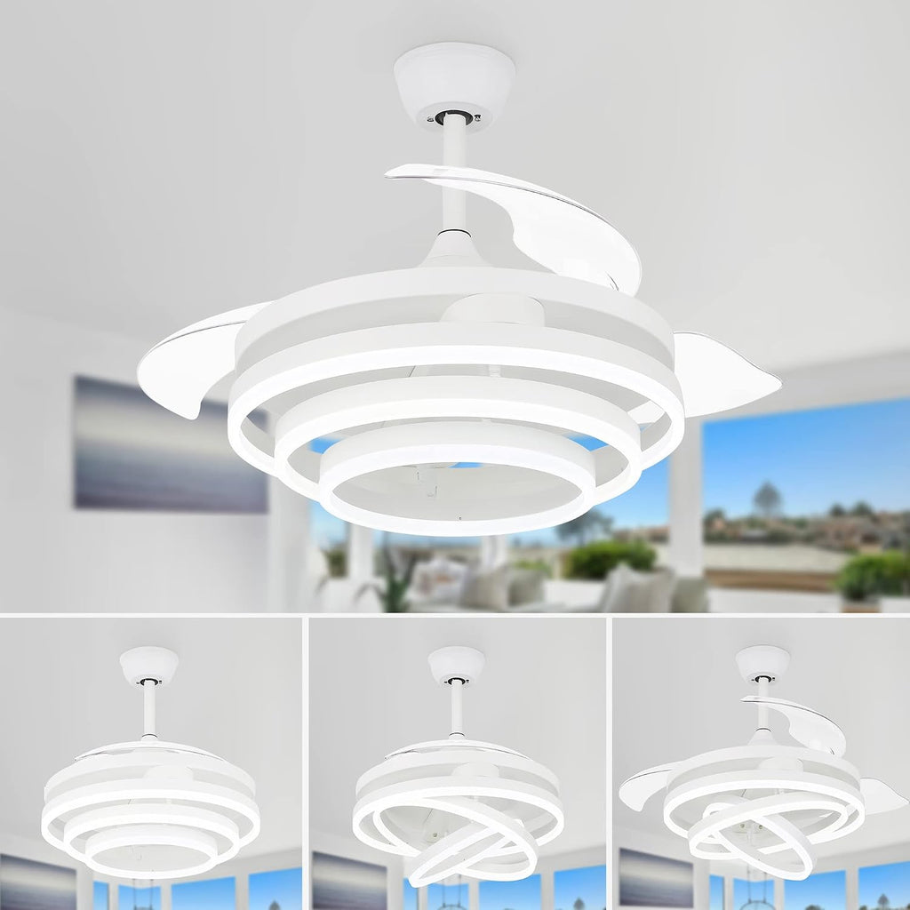 White 42' Retractable Fandelier Ceiling Fan with Lights Remote - Silent Dimmable Modern 6 Speed LED Chandelier Fan for Bedroom Living Room Kitchen