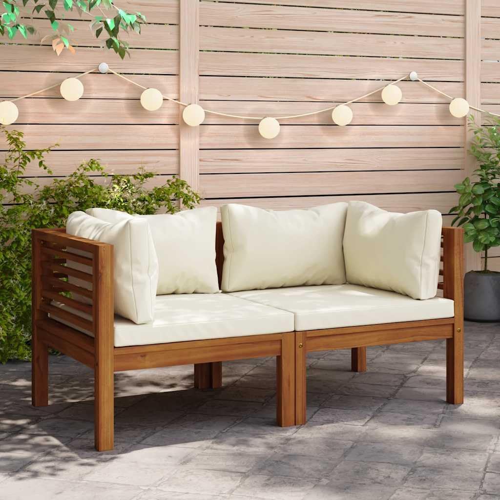 2 pcs Corner Sofas with Cream White Cushions, Solid Acacia Wood Outdoor & Indoor Garden Corner Chair with Sofa Cushion, Outdoor Conversation Set Sectional Sofa,-592