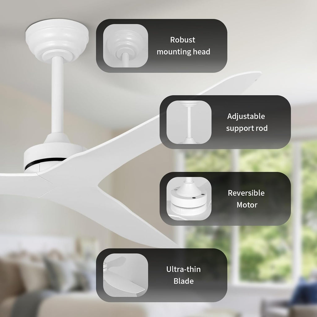 Ceiling Fans without Light,52 Inch Ceiling Fan with Remote Control,3 Reversible Blade,White Ceiling Fan for Bedroom, Living Room,Hallway