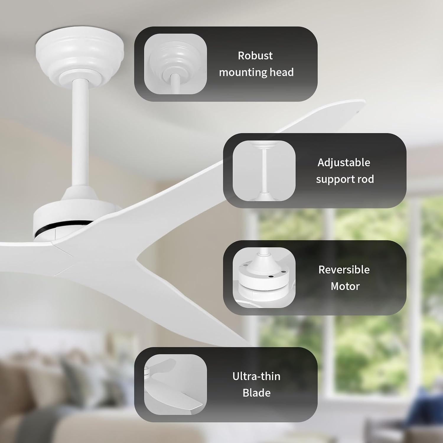 Ceiling Fans without Light,52 Inch Ceiling Fan with Remote Control,3 Reversible Blade,White Ceiling Fan for Bedroom, Living Room,Hallway