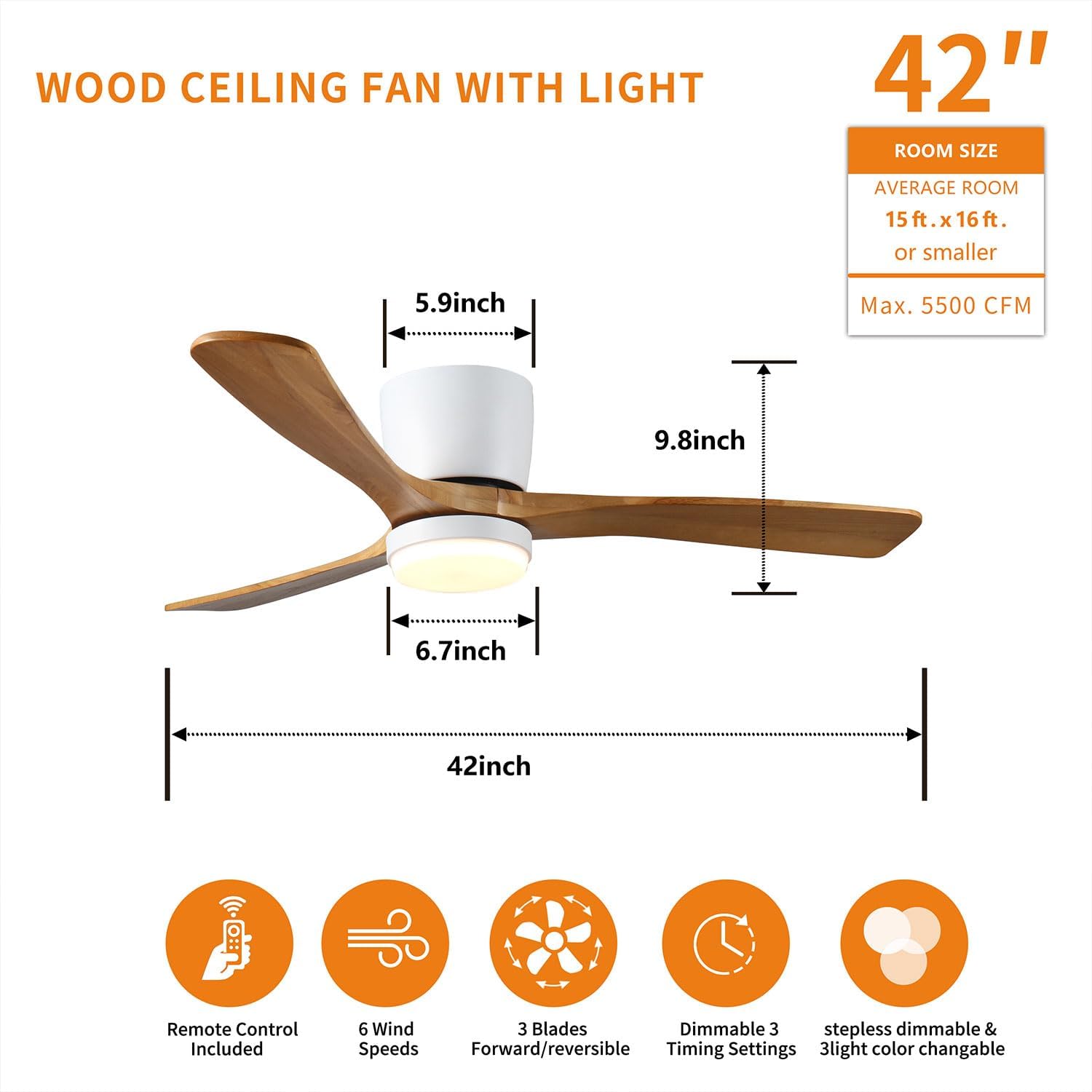 42' Ceiling Fan with Lights, Low Profile Wood Flush Mount Fan with Remote & APP Control, Quiet DC Motor, 6-Speed Reversible, 3CCT Dimmable LED for Bedroom Living Room, White Walnut