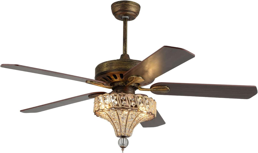 52 Inch Crystal Ceiling Fan, 3-Light Rustic Bronze Ceiling Fan with Lights, Reversible Retro 5 Wood Blades 3 Speeds Timer Light Fixture w/Remote for Kitchen Bedroom Living Room