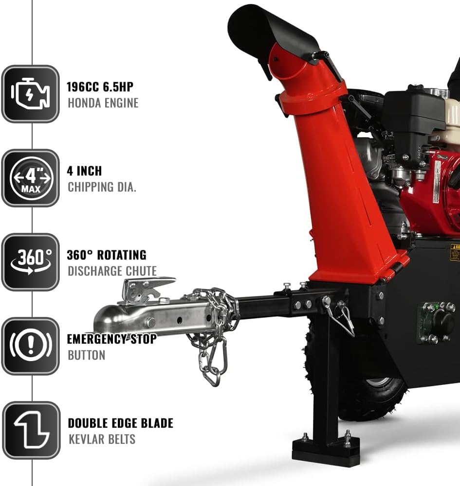 MechMaxx 4'' inch Honda 196cc 6.5HP Gasoline Engine Powered Towable Wood Chipper Shredder with Tow Bar, 4' Max Chipping Diameter Capacity, Emergency Stop Button, Model GS650