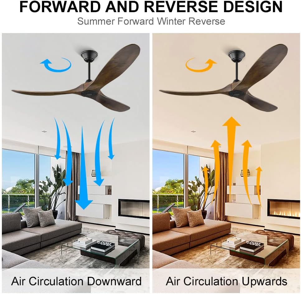 60 Inch Outdoor Ceiling Fan Without Light, 3 Blade Farmhouse Ceiling Fans with Quiet Reversible DC Motor, Wood Propeller Ceiling Fan for Living Room Bedroom Porch Exterior Patio Porch