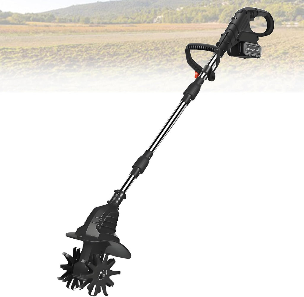 21v Cordless Tiller Cultivator, Gardening Tillers with 270RPM, 1 or 2 Battery Set, 20cm Width 25cm Depth, Portable for Lawn Garden Small Space Black-FourBlades-1battery