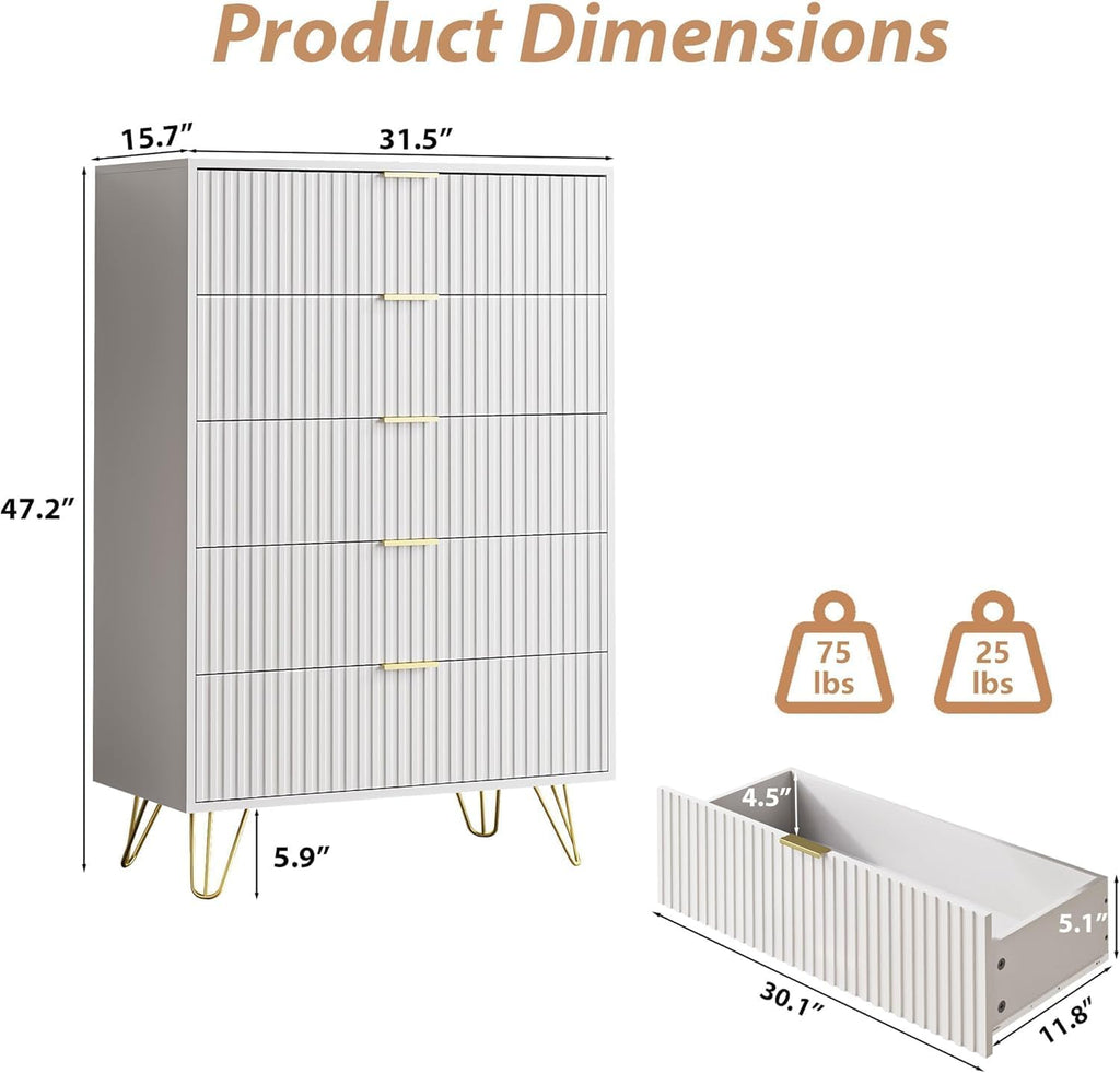 MAISONARIA 5 Drawers Dresser for Bedroom, 47' Tall Modern Chest of Drawers with Gold Handle, Fluted Wood Dresser for Bedroom, Living Room, Hallway, Entryway, White