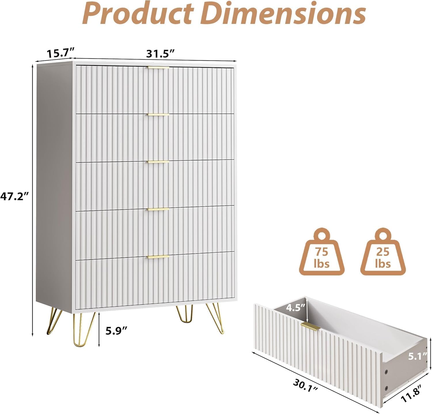 MAISONARIA 5 Drawers Dresser for Bedroom, 47' Tall Modern Chest of Drawers with Gold Handle, Fluted Wood Dresser for Bedroom, Living Room, Hallway, Entryway, White