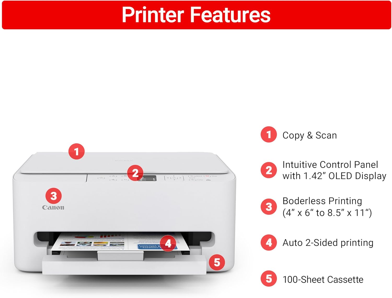 Canon PIXMA TS6520 Wireless Color Inkjet Printer Duplex Printing, White – Home Printer with Copier/Scanner, 1.42' OLED Display, Intuitive Control Panel, Compact Design