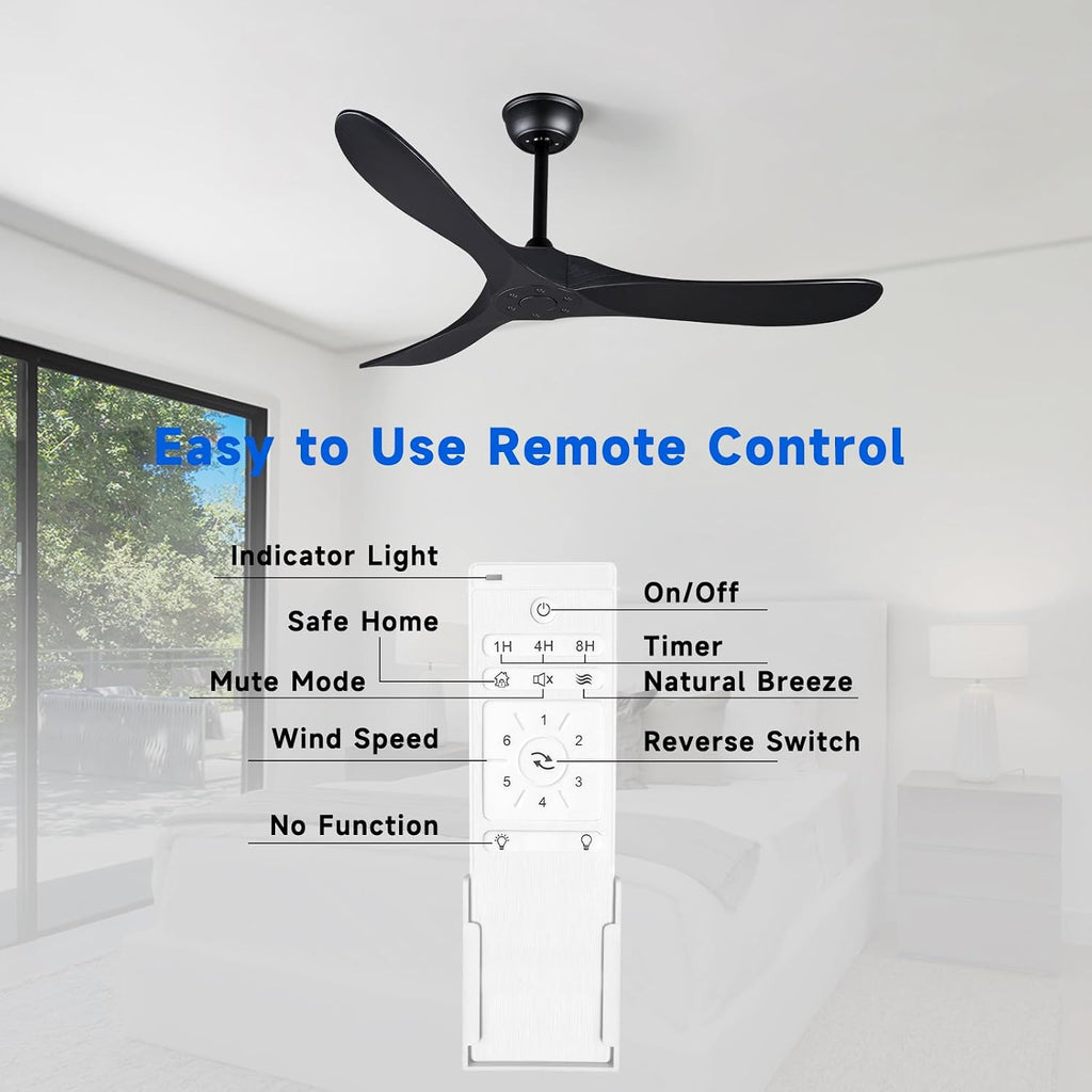 Bigzone 52' Outdoor/Indoor Black Ceiling Fans Without Lights with Remote Control, Energy Efficient DC Motor 27W, Smart Ceiling Fan With Reversible Blades