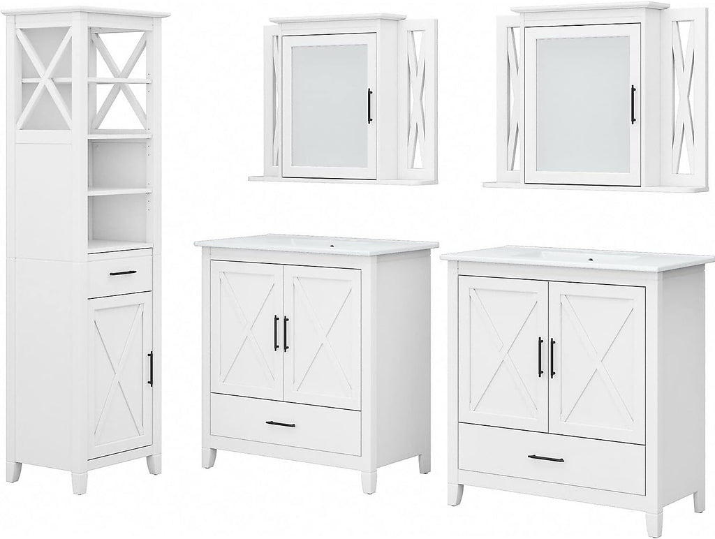 Bush Home Key West 64W Double Vanity Set with Sinks, Medicine Cabinets and Linen Tower in White Ash