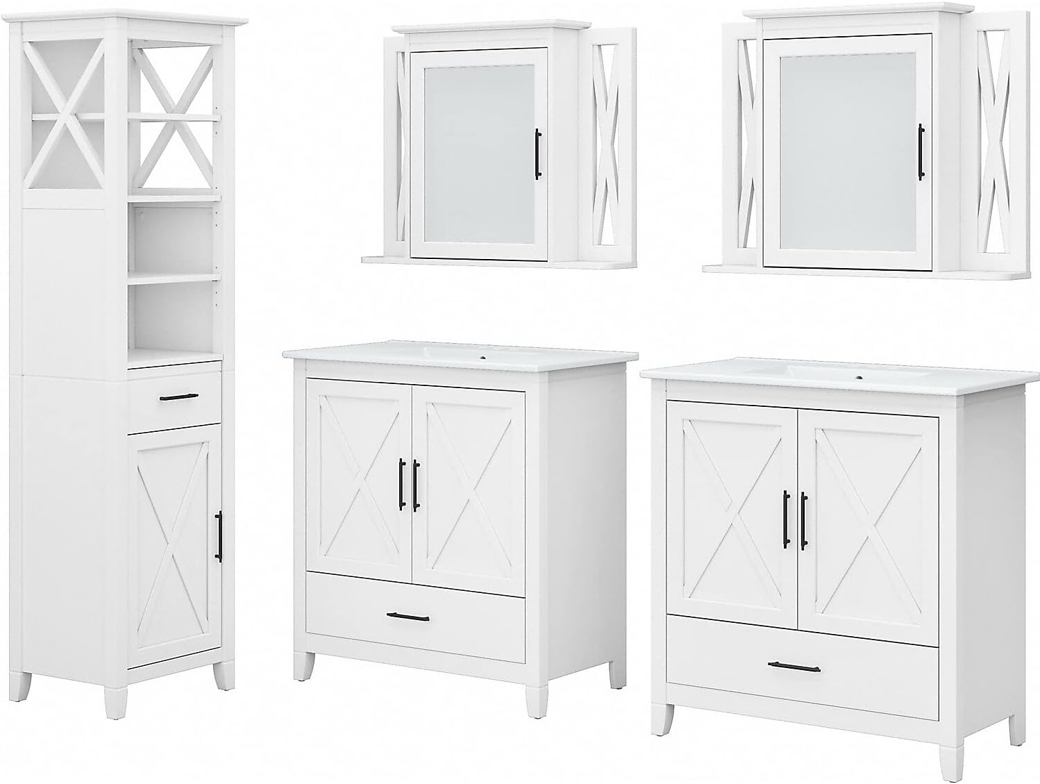 Bush Home Key West 64W Double Vanity Set with Sinks, Medicine Cabinets and Linen Tower in White Ash