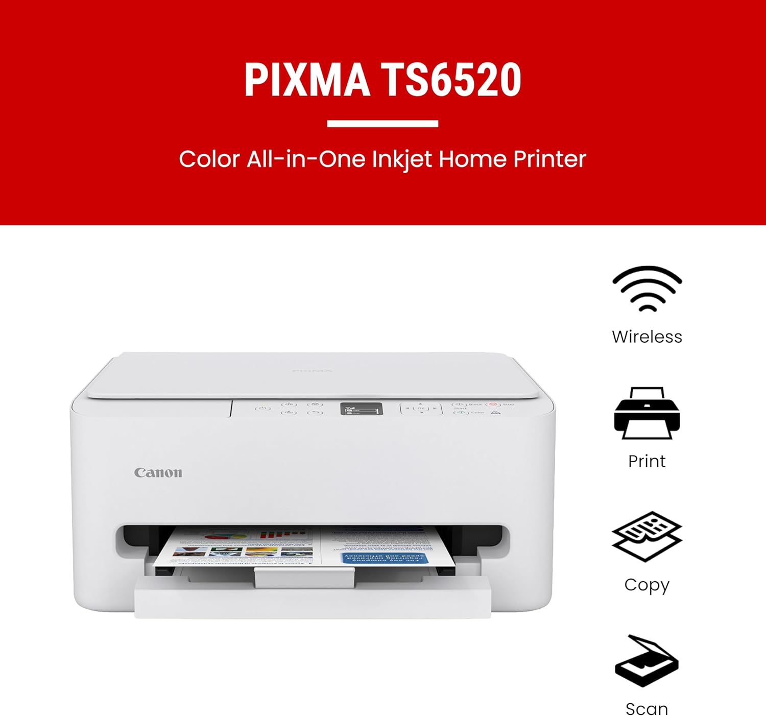 Canon PIXMA TS6520 Wireless Color Inkjet Printer Duplex Printing, White – Home Printer with Copier/Scanner, 1.42' OLED Display, Intuitive Control Panel, Compact Design