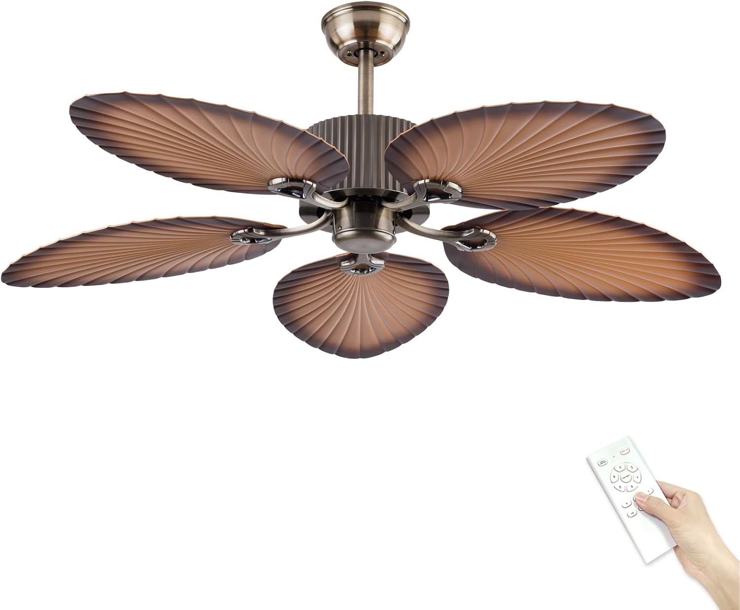 52inch Ceiling Fan Palm Island 5 Palm Leaf Blades No Light Remote Control Timer 6 Speeds Quiet DC Ceiling Fans Tropical Style Ceiling Fans Indoor Outdoor (Bronze+Coffee)
