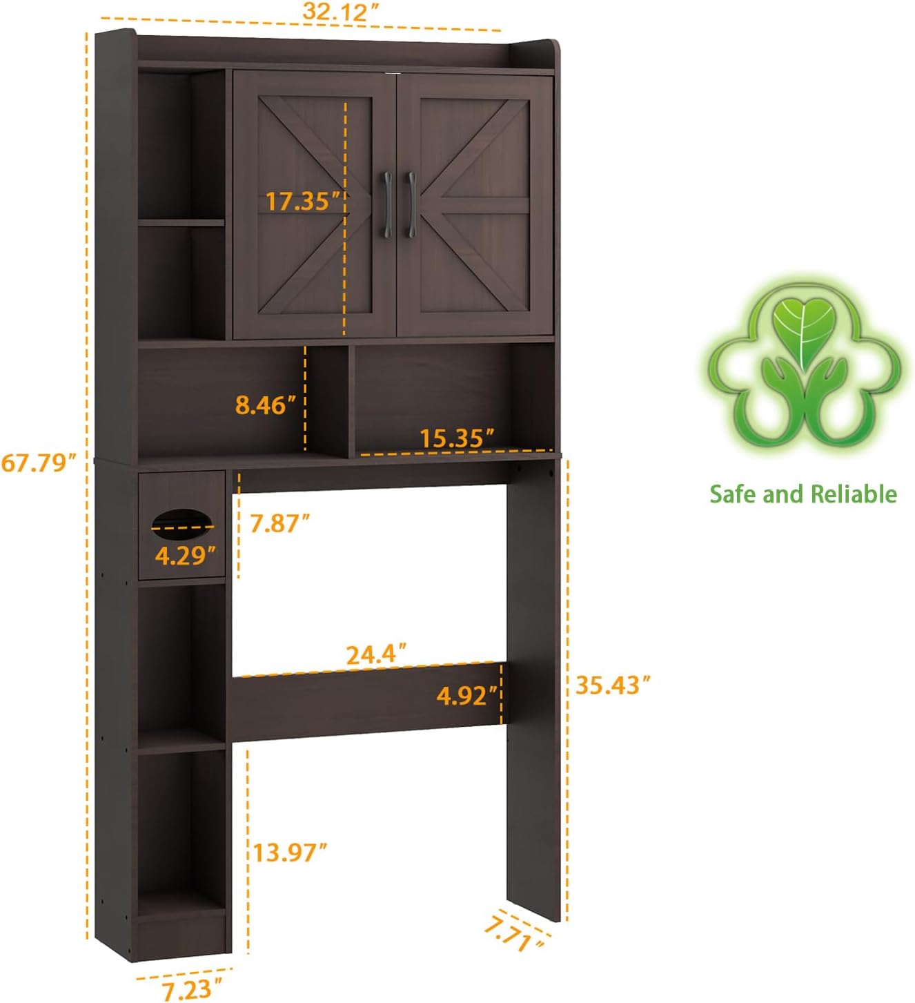 Vabches Over The Toilet Storage Cabinet, Farmhouse Storage Cabinet Over Toilet with 2 Barn Door & Toilet Paper Holder Stand，Home Space-Saving Toilet Rack, for Bathroom, Restroom, Laundry