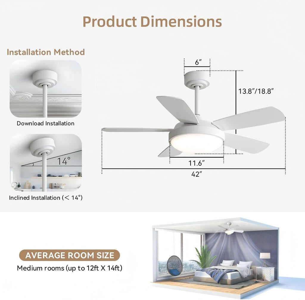 Sofucor 42 Inch Ceiling Fan with Light, Modern Ceiling Fan with Memory Large LED - Quiet DC Motor, 6 Speeds 4500CFM High Velocity, Dimmable, Timer, Reversible, for Living Room Bedroom, ETL/FCC, White