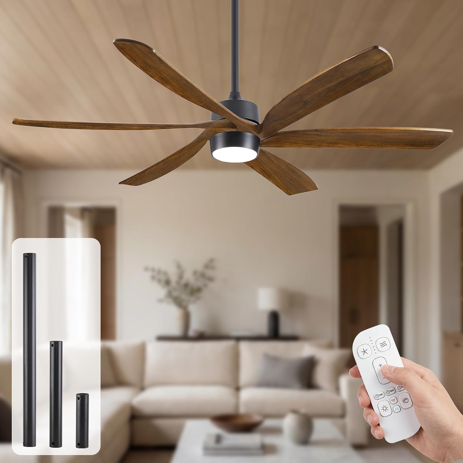 60 Inch Outdoor Ceiling Fan with Light and Remote, Damp Rated for Patio Porch, 6 Brown Solid Wood Blades, High CFM Quiet DC Motor, Modern Farmhouse Style for Indoor Living Room Bedroom Exterior Garage