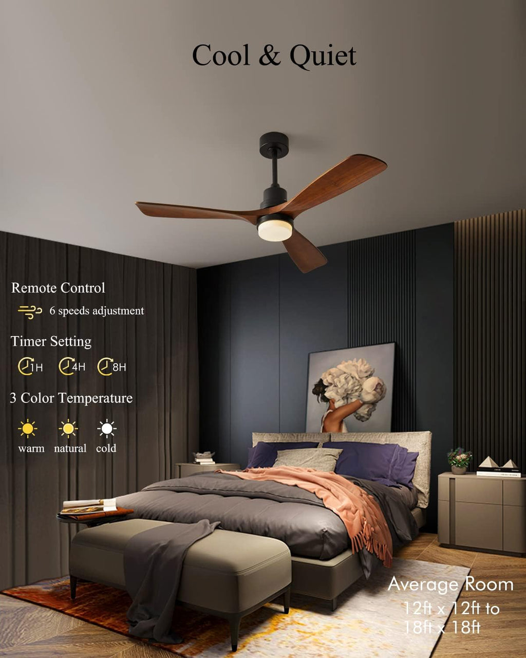 Modern Ceiling Fans with Lights, 3 Wood Fan Blades, 52' Black with Remote Control, Noiseless Reversible DC Motor for Bedroom/Living Room/Study/Patio