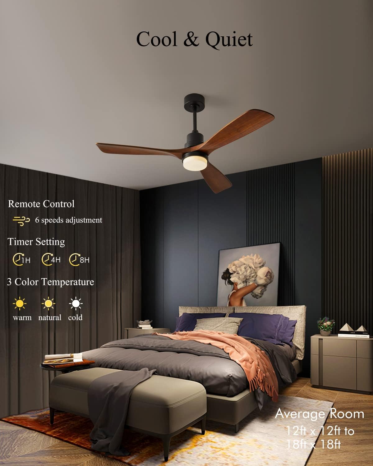 Modern Ceiling Fans with Lights, 3 Wood Fan Blades, 52' Black with Remote Control, Noiseless Reversible DC Motor for Bedroom/Living Room/Study/Patio
