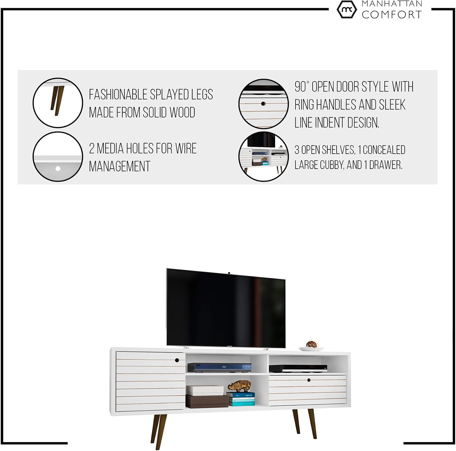 Manhattan Comfort Liberty Mid Century Modern TV Stand for Televisions up to 65 Inches, Bedroom and Living Room Entertainment Center with Storage, Shelves, and Cabinet, 71' Wide, Rustic Brown/White