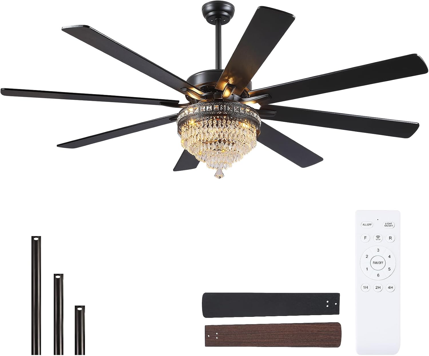 Asyko 72' Crystal Ceiling Fan Fandelier with Lights - Modern Crystal Chandelier Fans with Remote Control,Noiseless DC Motor, Retro/Farmhouse Lighting, Dining Room,Living Room