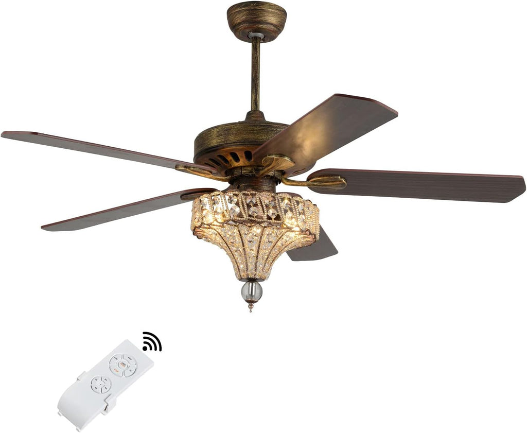 52 Inch Crystal Ceiling Fan, 3-Light Rustic Bronze Ceiling Fan with Lights, Reversible Retro 5 Wood Blades 3 Speeds Timer Light Fixture w/Remote for Kitchen Bedroom Living Room
