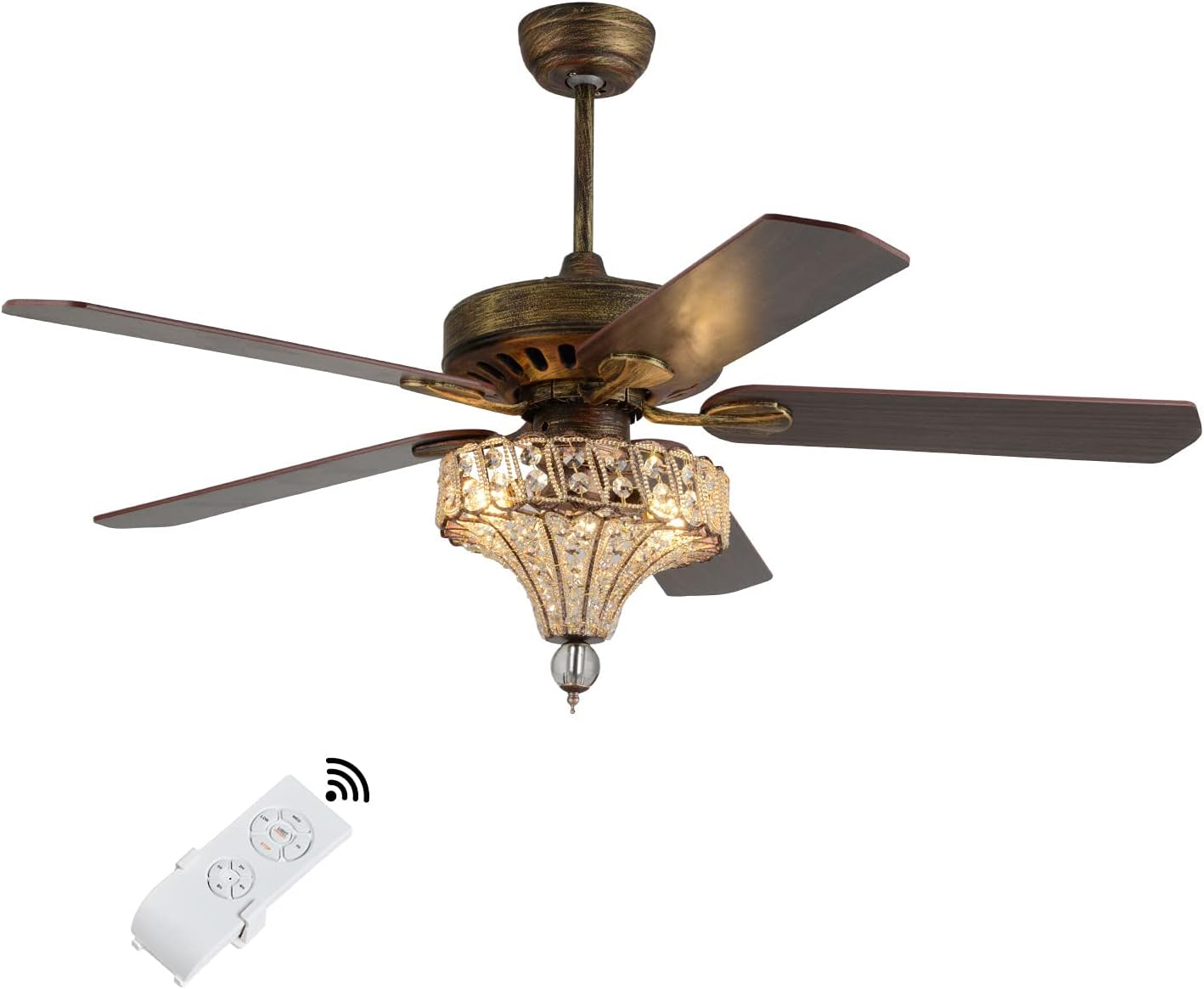 52 Inch Crystal Ceiling Fan, 3-Light Rustic Bronze Ceiling Fan with Lights, Reversible Retro 5 Wood Blades 3 Speeds Timer Light Fixture w/Remote for Kitchen Bedroom Living Room