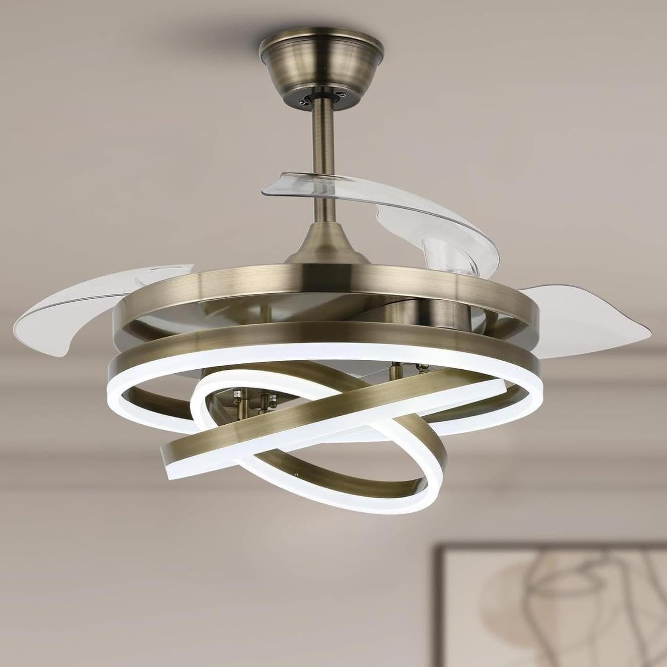 42' Retractable Fandelier Ceiling Fan with Lights Remote - Silent Dimmable Modern 6 Speed LED Chandelier Fan for Bedroom Living Room Kitchen