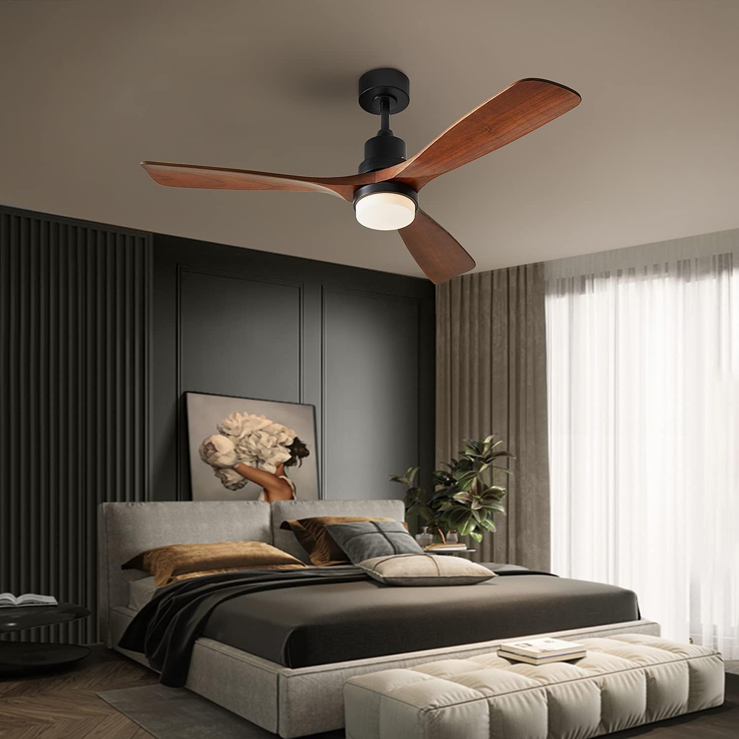 Ceiling Fans with Lights, 60' Wood Ceiling Fan with Remote Control, 3 Walnut Fan Blades Reversible Quiet DC Motor 6 Speeds Timing Farmhouse Ceiling Fan for Bedroom/Living Room/Study/Porch