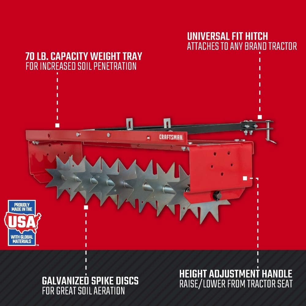 CRAFTSMAN (CMXGZBF7124336), 36-Inch Tow Spike Tow Behind Spike Aerator for Aerating Lawns; 9 Galvanized Steel Disks, 90lbs Capacity Weight Tray for Better Aeration, Universal Hitch, Red
