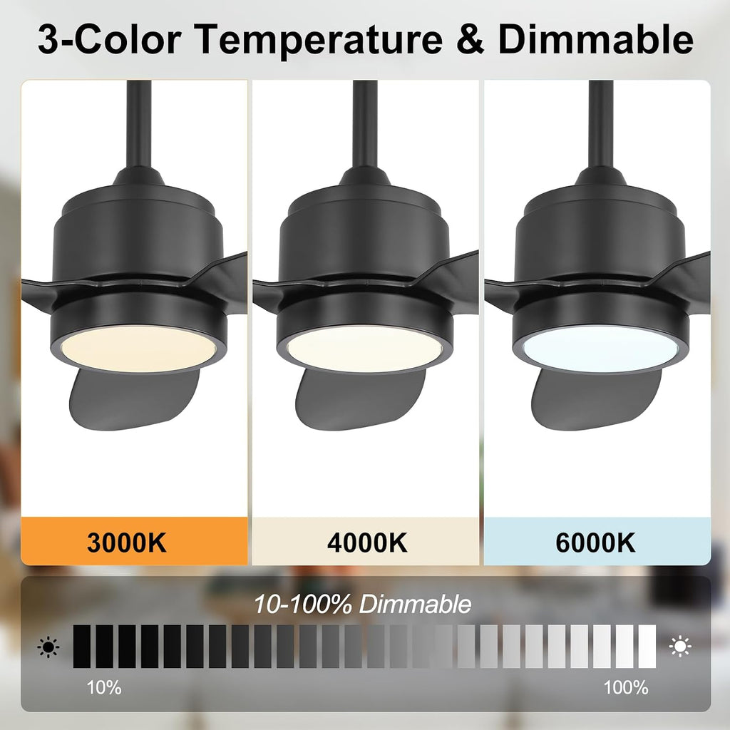 WINGBO 42' Outdoor Ceiling Fans with Lights, Wet Rated Waterproof Indoor Ceiling Fan with Remote, 3 ABS Blades Modern Ceiling Fan,3CCT Quiet 6-Speed DC Motor, for Porch Patios Bathroom, Black