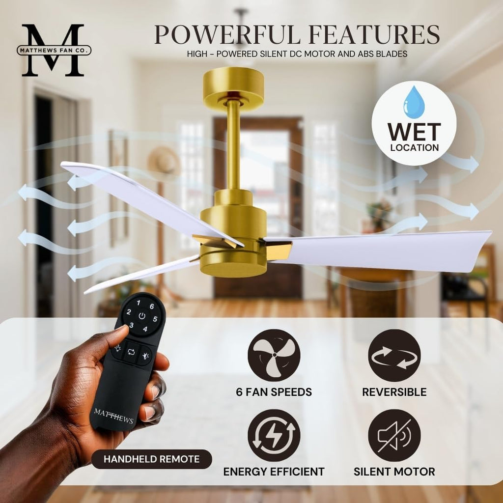 Matthews AK-BRBR-MWH-56 Alessandra Wet Rated 56' Outdoor Ceiling Fan without Light, Remote Included, Silent DC Motor, Brushed Brass with Matte White