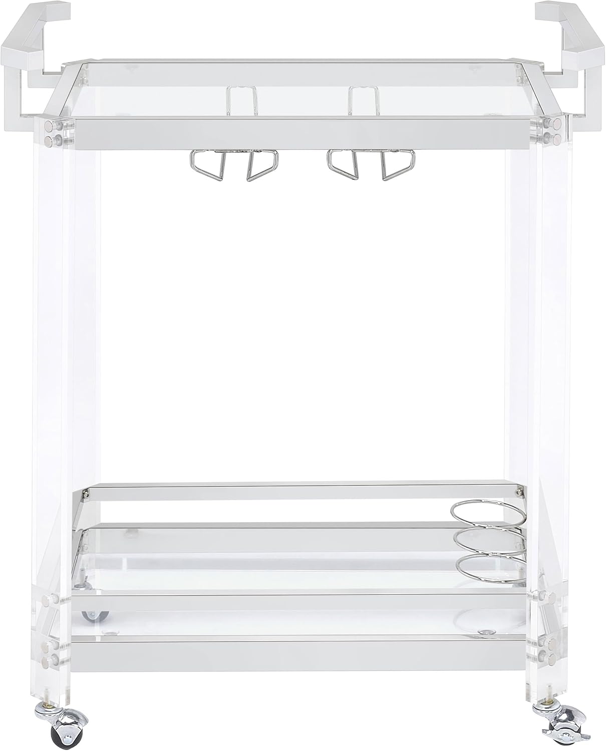 Coaster Home Furnishings - Jefferson - 2-Tier Acrylic & Metal Bar Cart with Wheels - Glass Shelf, Stemware Rack, Wine Bottle Holders - Contemporary - Dining Room - Clear & Chrome - 902589