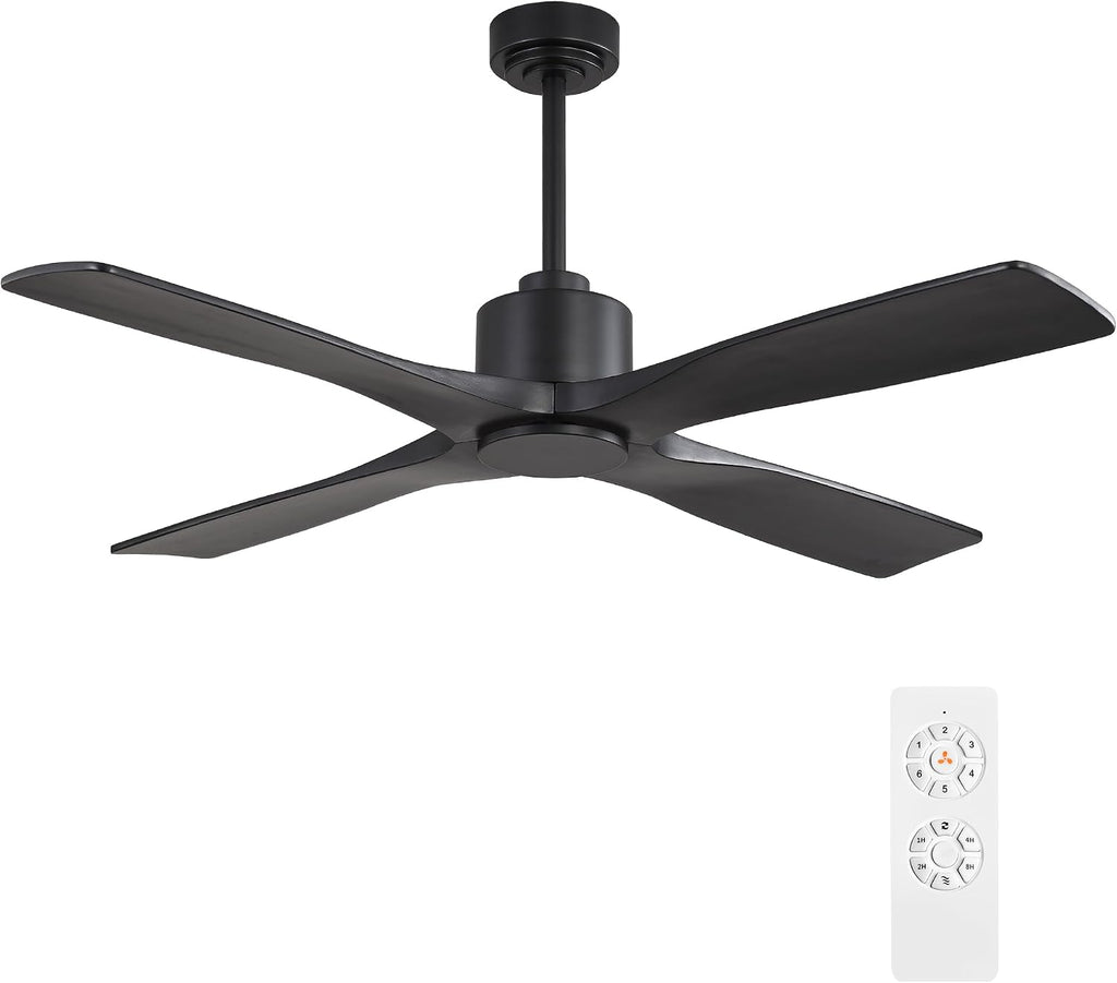 WINGBO 48' DC Ceiling Fan without Lights, 4 Carved Solid Wood Blades, 6-Speed Noiseless Reversible DC Motor, Modern Ceiling Fan No Light with Remote, Matte Black Finish with Black Blades, ETL Listed
