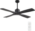WINGBO 48' DC Ceiling Fan without Lights, 4 Carved Solid Wood Blades, 6-Speed Noiseless Reversible DC Motor, Modern Ceiling Fan No Light with Remote, Matte Black Finish with Black Blades, ETL Listed