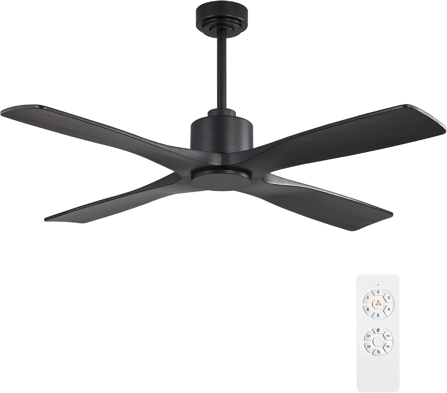 WINGBO 48' DC Ceiling Fan without Lights, 4 Carved Solid Wood Blades, 6-Speed Noiseless Reversible DC Motor, Modern Ceiling Fan No Light with Remote, Matte Black Finish with Black Blades, ETL Listed