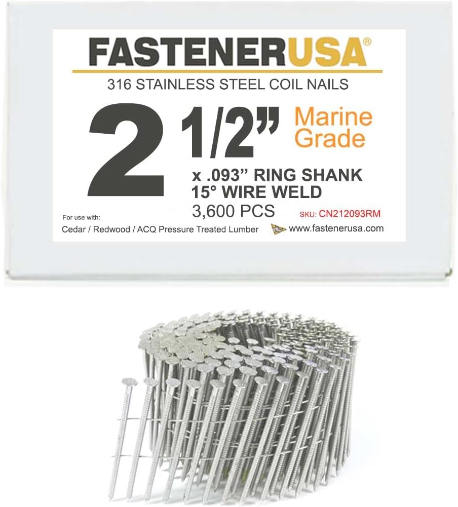 2 1/2' x .093 Ring 316SS Coil Nails 15-DEG Wire 3,600ct
