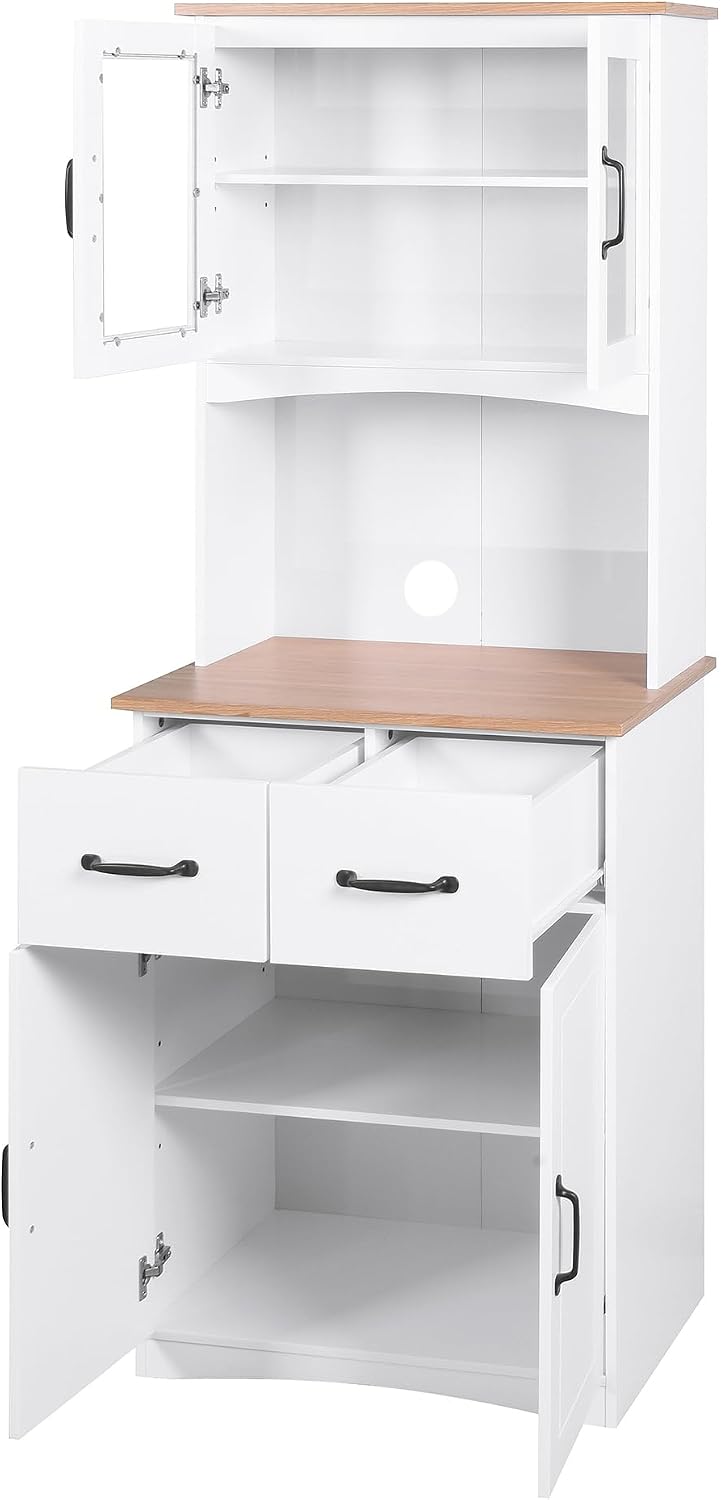 GDFStudio Wooden Kitchen Pantry Cupboard with Framed Glass Doors & Drawer, Freestanding Storage Cabinet Hutch, Kitchen Living Room Rectangle Storage Cabinet, Home Organization Cupboard, White