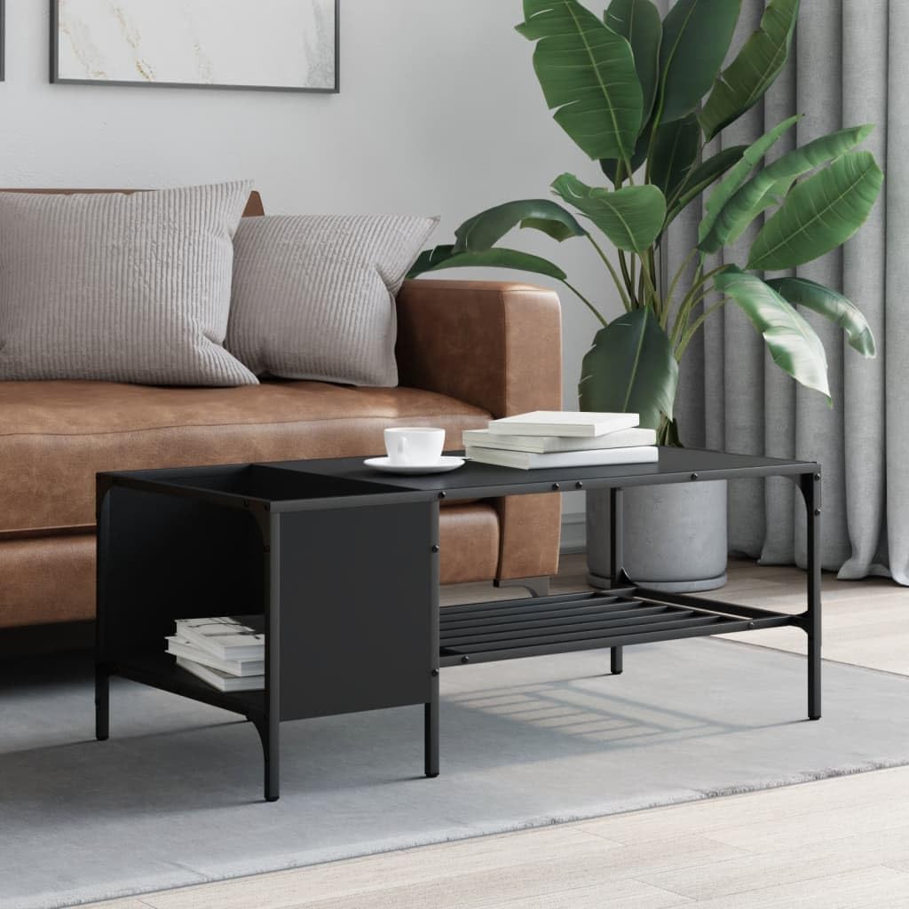 Coffee Table with Rack, Modern Living Room Center Table for Home Office, Black 39.4'x20.1'x15.7' Engineered Wood,-340