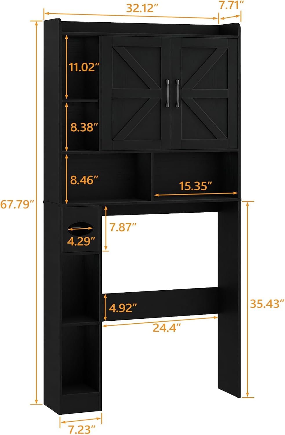 Vabches Over The Toilet Storage Cabinet, Farmhouse Storage Cabinet Over Toilet with 2 Barn Door & Toilet Paper Holder Stand, Home Space-Saving Toilet Rack, for Bathroom, Restroom (Black)